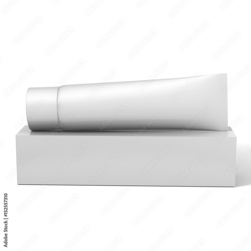 Realistic rendering of blank white cosmetics tubes and box packaging isolated on white background. 3D Illustration. Realistic rendering of blank white cosmetics tubes and box packaging isolated on white background. 3D Illustration.