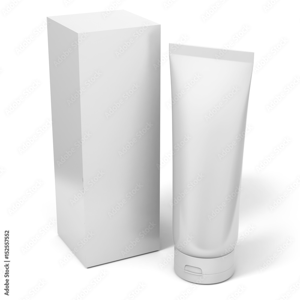 Realistic rendering of blank white cosmetics tubes and box packaging isolated on white background. 3D Illustration. Realistic rendering of blank white cosmetics tubes and box packaging isolated on white background. 3D Illustration.