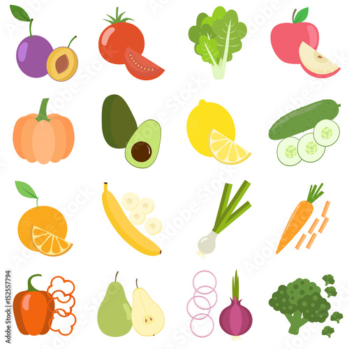 Set of fresh healthy vegetables and fruits. Slices of fruits and vegetables. Flat design. Organic farm illustration. Healthy lifestyle vector design elements.