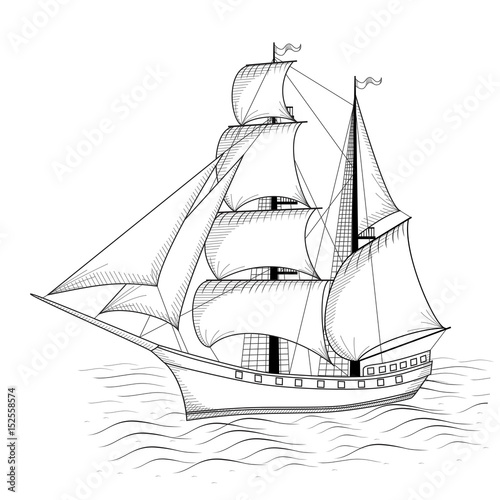 vintage ship with sails and sea