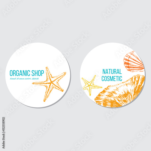 Seashells, starfish hand drawn vector color sketch isolated on white background, round frame, underwater decorative marine sticker, template label layout design for card, beauty salon, cosmetic, menu