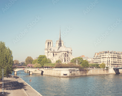 Notre Dame cathedral from behind and Seine River
