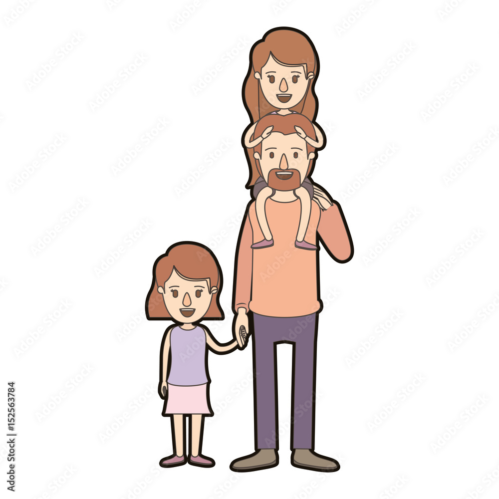 light color caricature thick contour dad with daugther on his back and girl taken hands vector illustration light color caricature thick contour dad with daugther on his back and girl taken hands vector illustration