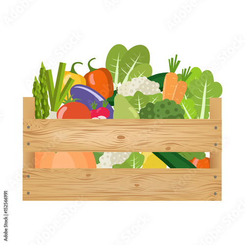 Fresh healthy vegetables and fruits in a wooden box. Vector illustration.