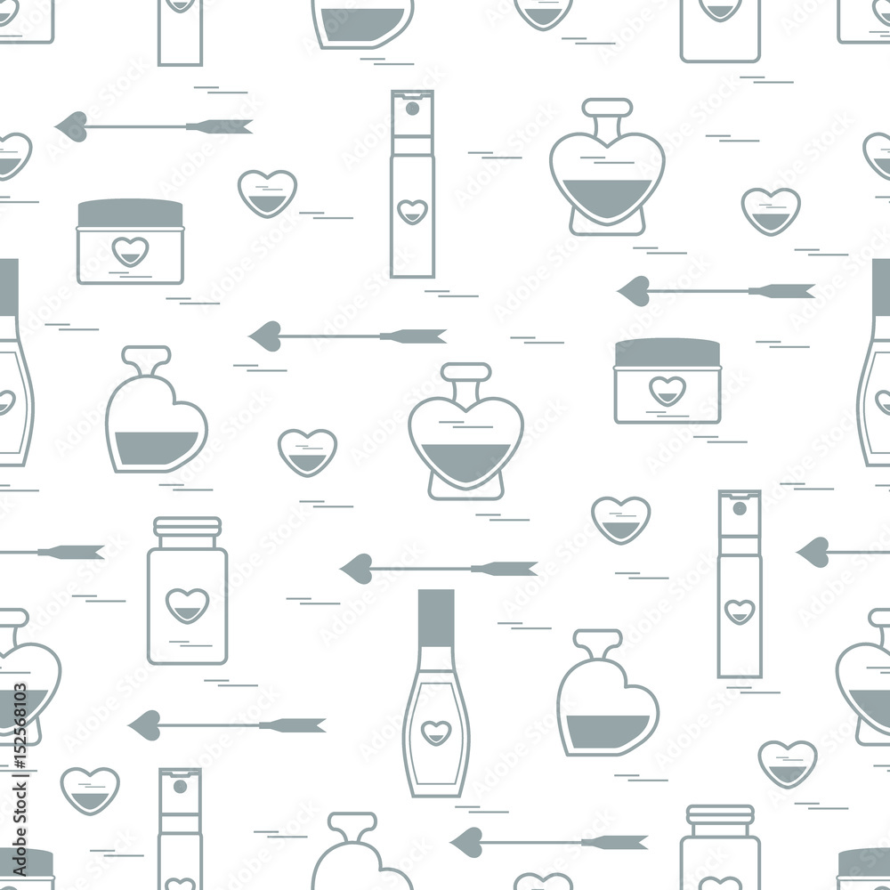 Cute seamless pattern with various accessories for the care of your body and hair: perfume bottles in the shape of a heart, cream, hair spray and other. Cute seamless pattern with various accessories for the care of your body and hair: perfume bottles in the shape of a heart, cream, hair spray and other.