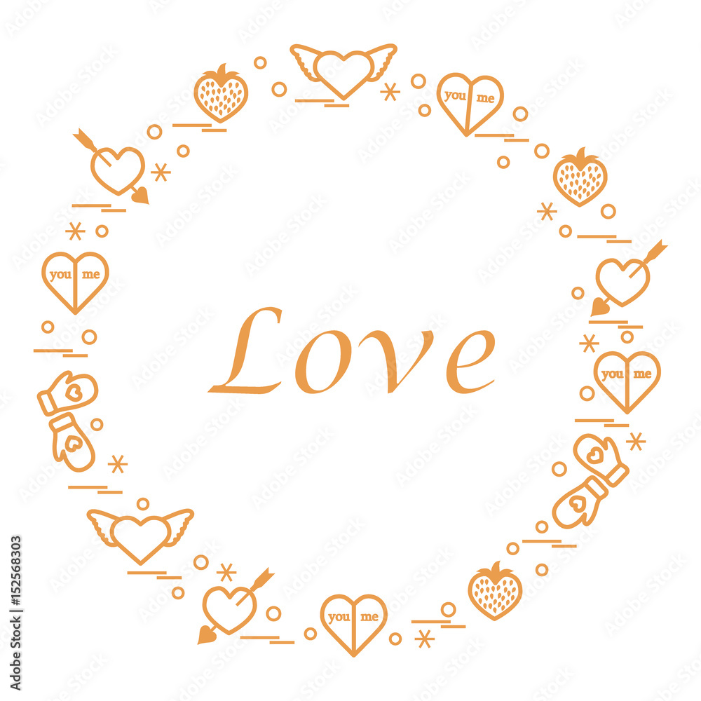 Cute vector illustration with different romantic symbols arranged in a circle.