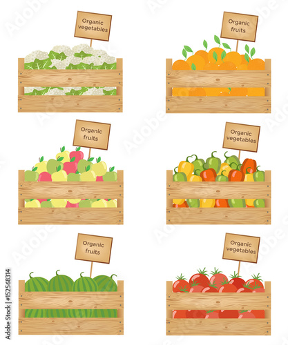 Wooden boxes of vegetables and fruits. Organic fruits and vegetables Vector illustration.