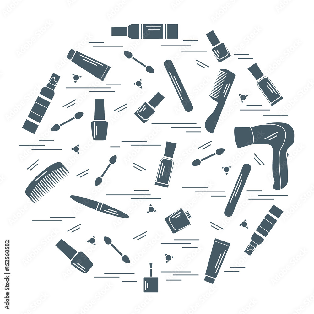Vector illustration various accessories for the care of your body arranged in a circle: hairdryer, comb, cream, nail polish and other. Vector illustration various accessories for the care of your body arranged in a circle: hairdryer, comb, cream, nail polish and other.
