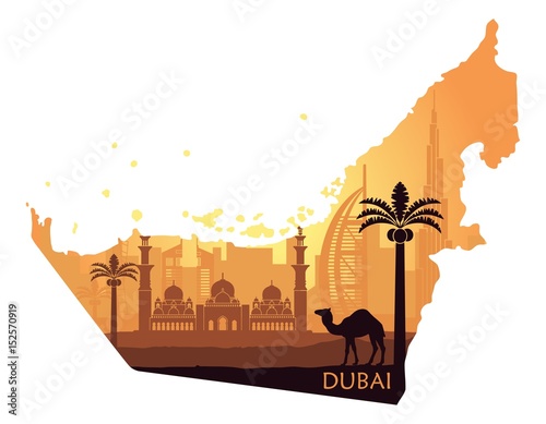 Fotografie, Obraz Skyline of Dubai with camel in the form of a map of the United Arab Emirates