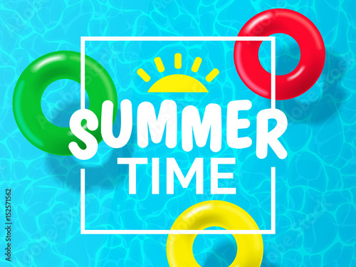summer time background design with pool blue water and swimming rings