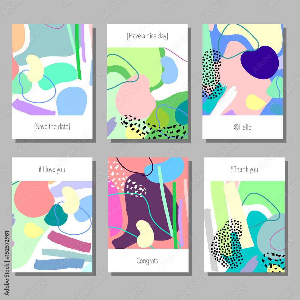 Set of artistic colorful universal cards. Memphis style. Wedding, anniversary, birthday, holiday, party. Design for poster, card, invitation. Vector illustration