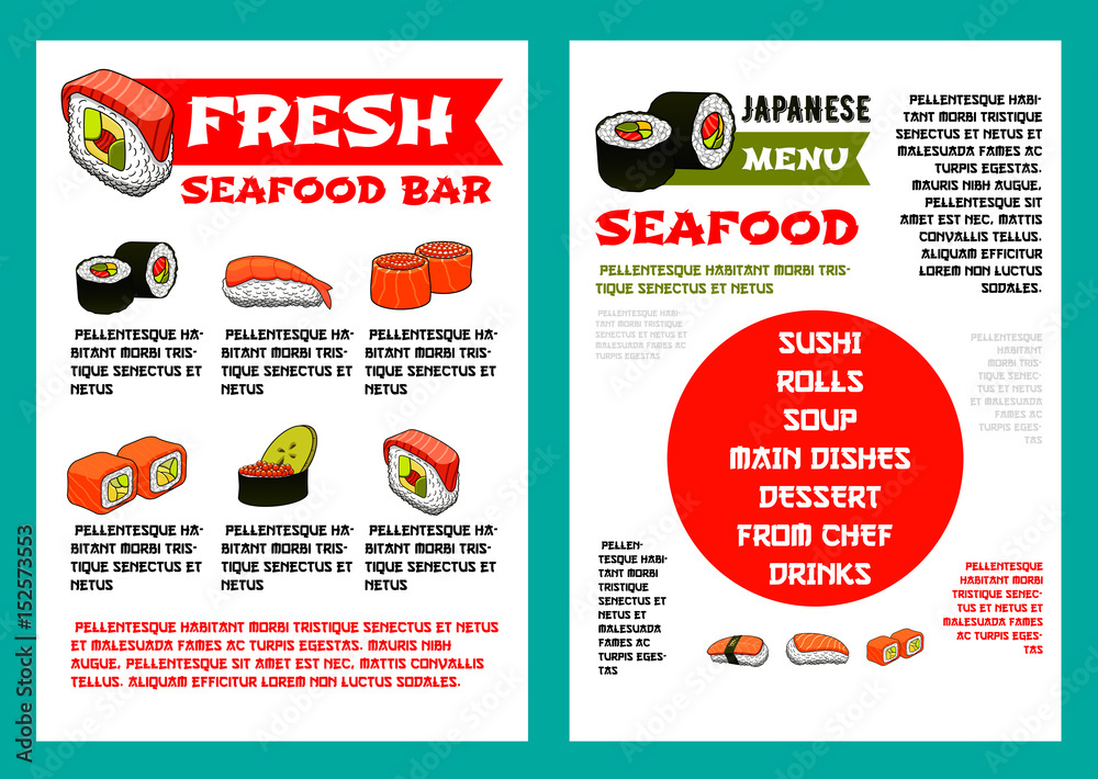 Japanese seafood restaurant, sushi bar menu design Stock Vector | Adobe ...