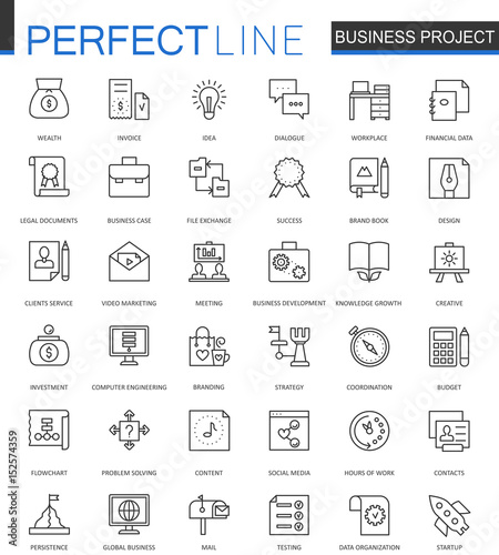 Business project thin line web icons set. Strategy management Outline stroke icon design.