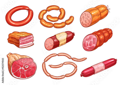 Meat, sausage, bbq product isolate sketch set