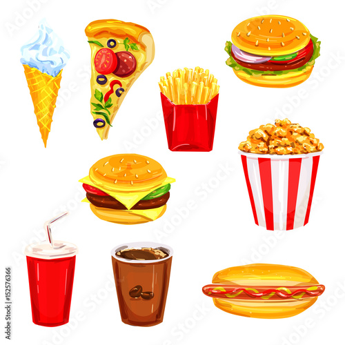 Fast food restaurant lunch menu watercolor set