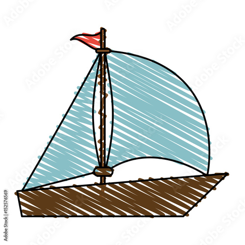 color crayon stripe image wooden boat with sail vector illustration