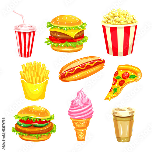 Fast food and drinks watercolor illustration set