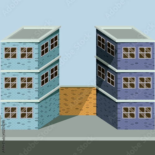 colorful background with two buildings and brick facade vector illustration