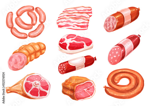 Meat product watercolor drawing set with sausage