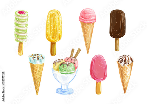 Ice cream set with watercolor summer dessert
