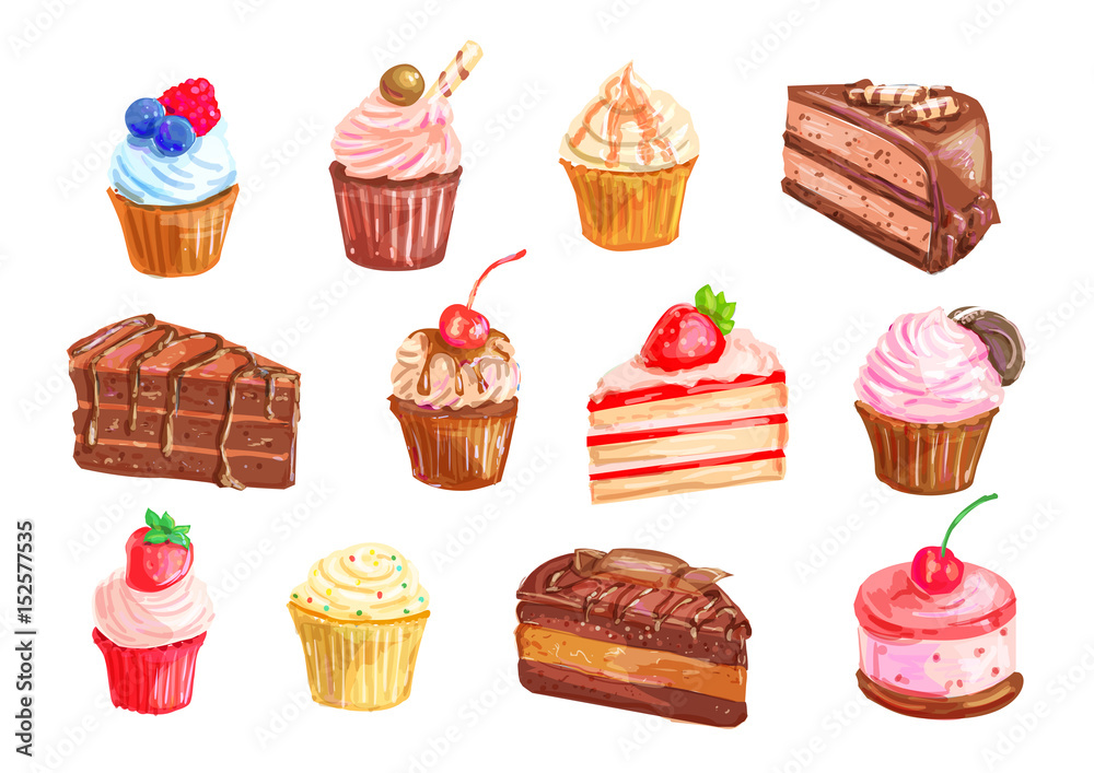 Cake and cupcake dessert watercolor set design
