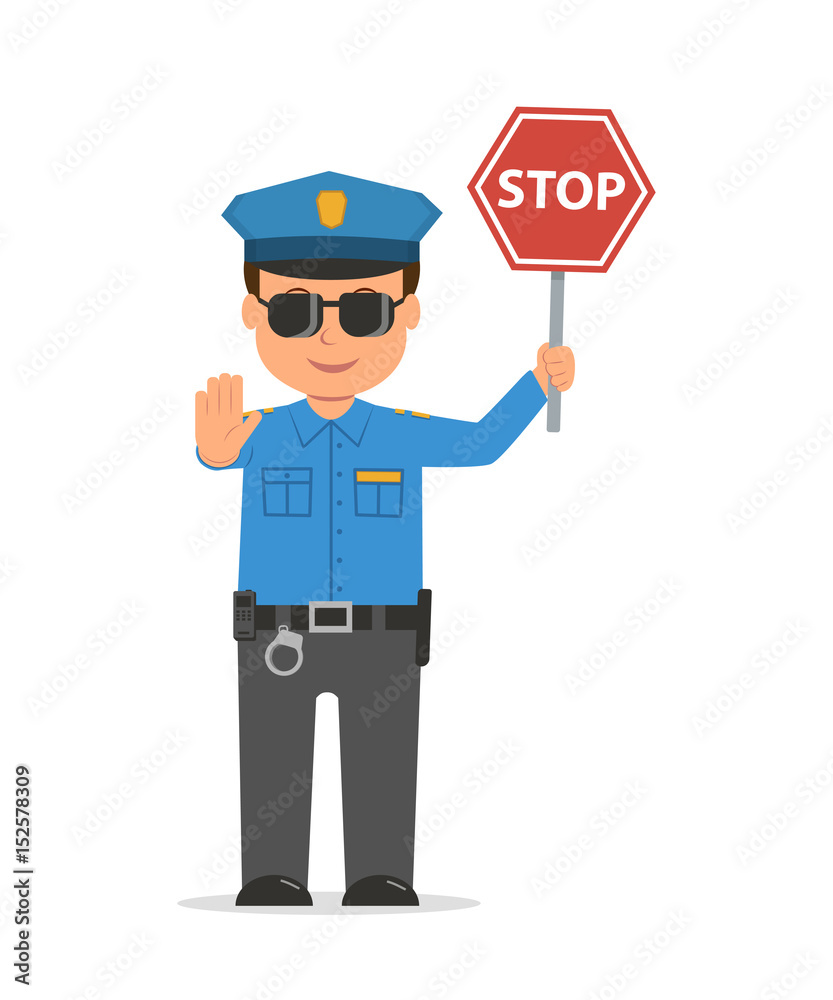 Traffic policeman holding a stop sign.