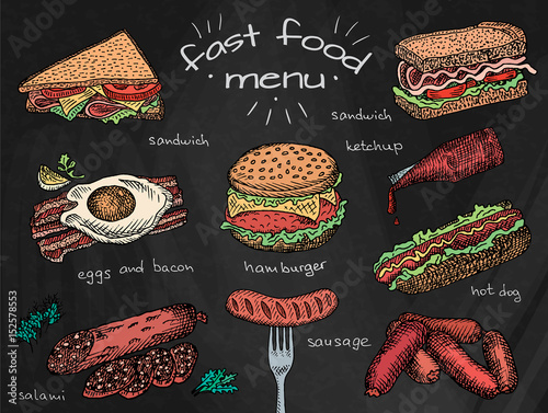 fast food menu, hamburger, snack, bread, burger, sandwich, chicken, poster, breakfast,  eggs, sausage, bacon, salami, ketchup, omelet on the chalkboard background