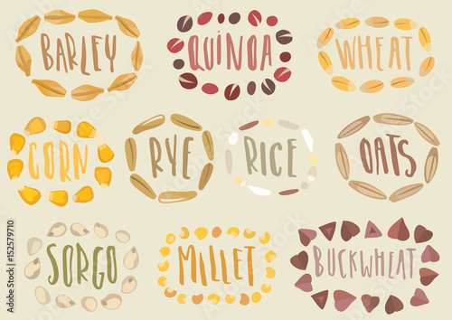 Vector set of cereal emblems. Handwritten lettering inside hand-drawn stylized circuit of grains. For packing groats, advertising healthy food.