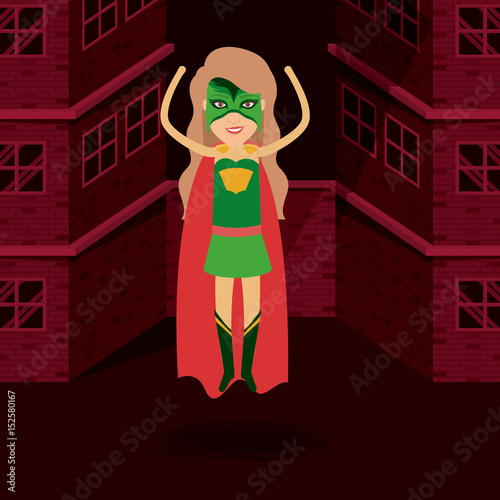 red background buildings brick facade with superwoman standing in outfit with hand up vector illustration