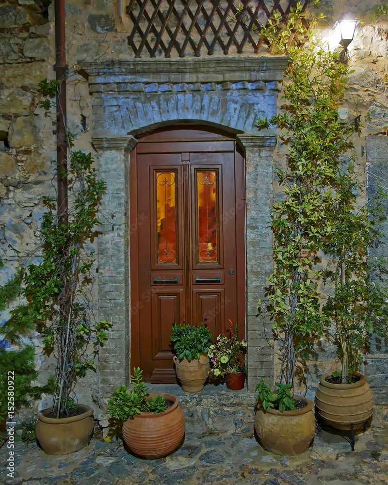 vintage house entrance, night view