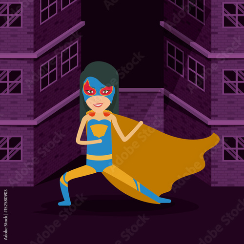 violet color background buildings brick facade with front view superheroin woman posing in outfit vector illustration photo