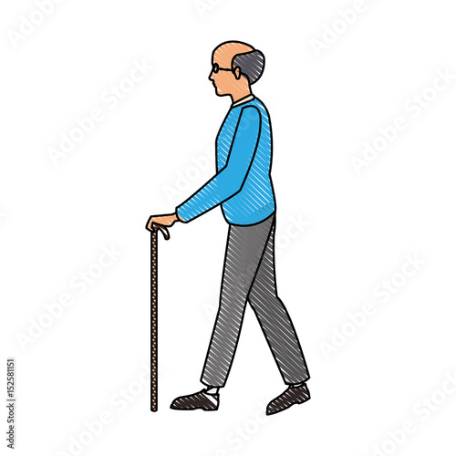 drawing elderly man walking stick cane vector illustration