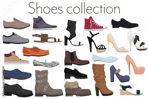 Vector trendy collection of men's and women's shoes fashion footwear.