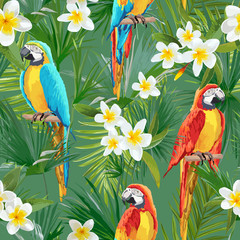 Handdoek met foto Papegaai patronen Zomerse papegaai met bloemen vector  © wooster