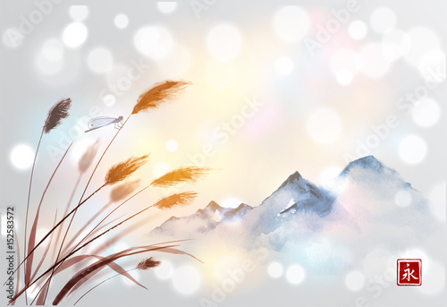 Landscape with far mountains and dragofly on leaves of grass on white glowing background. Traditional oriental ink painting sumi-e, u-sin, go-hua. Contains hieroglyph - eternity.