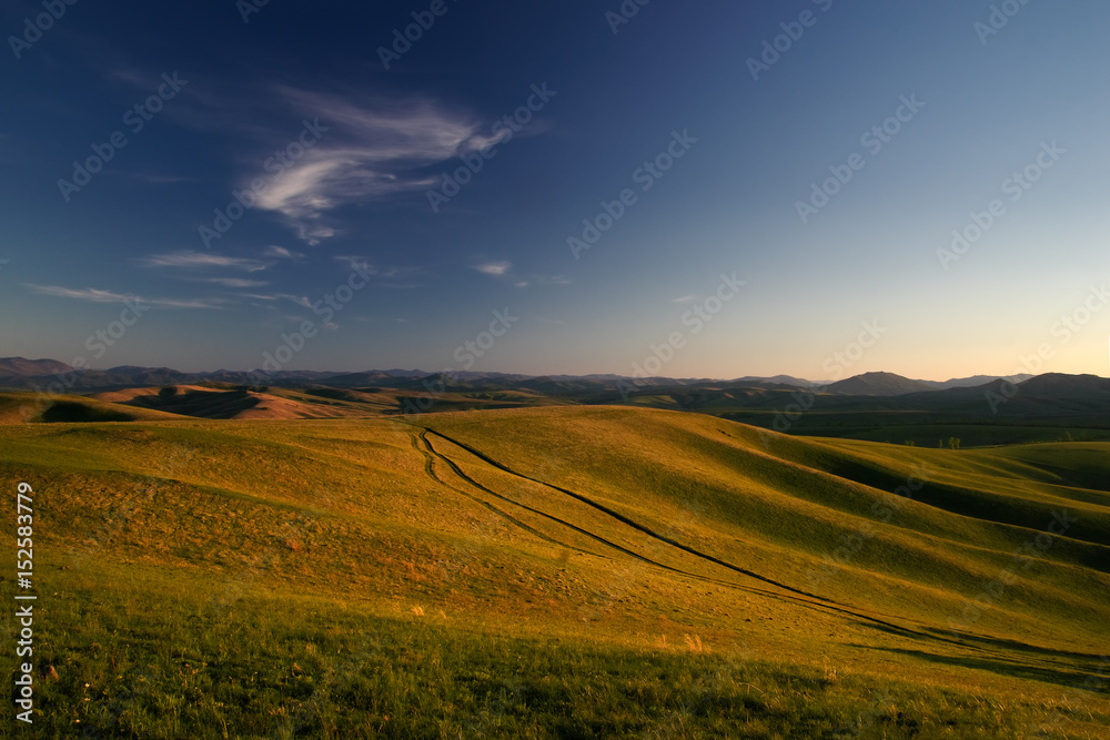 Landscape with country road to the valley in the spring foothills at fields with yellow grass of Altai mountains at sunset under sunset clear blue sky with white clouds, Siberia, Russia