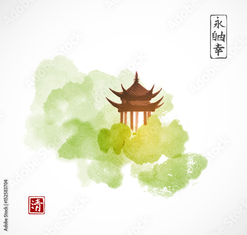 Pagoda temple and green forest trees on white background. Traditional oriental ink painting sumi-e, u-sin, go-hua. Contains hieroglyphs - eternity, freedom, happiness.