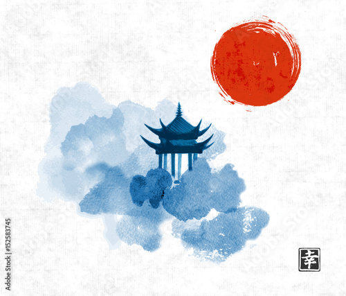 Obraz na plátně Blue pagoda temple, red sun and forest trees