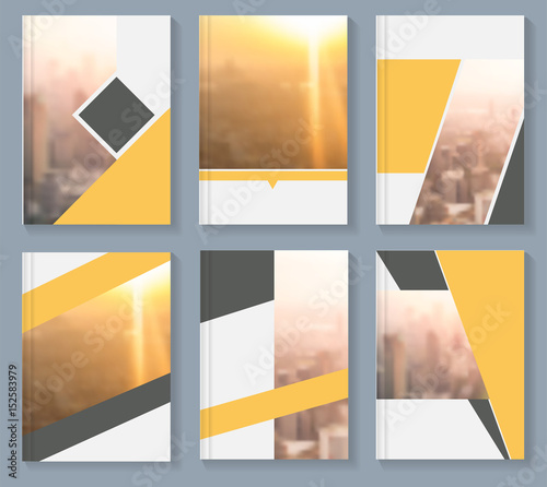 Business magazine cover layout design with cityscape blurred background in A4 size