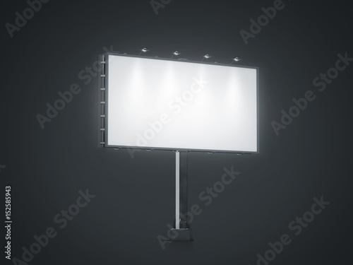 Blank white banner mock up on city billboard at night, 3d rendering. Empty bill board mockup isolated. Clear light canvas on street sign. Large outdoor poster screen. Big illuminated cityboard signage photo