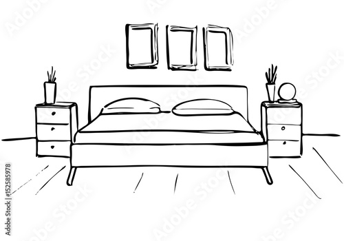 Hand drawn sketch. Linear sketch of an interior. Sketch Line bedrooms. Vector illustration. Room plan.