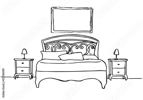 Hand drawn sketch. Linear sketch of an interior. Sketch Line bedrooms. Vector illustration. Room plan.
