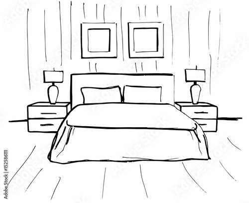 Hand drawn sketch. Linear sketch of an interior. Sketch Line bedrooms. Vector illustration. Room plan.