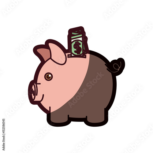 colorful silhouette of moneybox in shape of pig with dollar bill and thick contour vector illustration