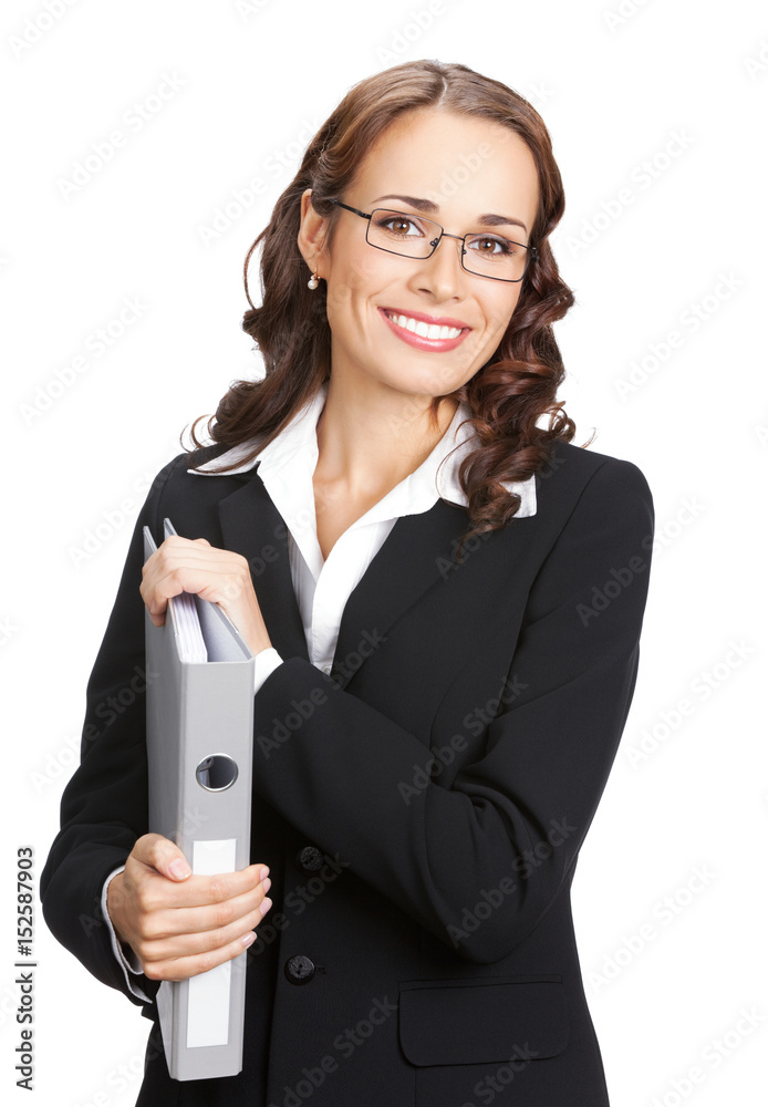 Businesswoman with grey folder, isolated Businesswoman with grey folder, isolated