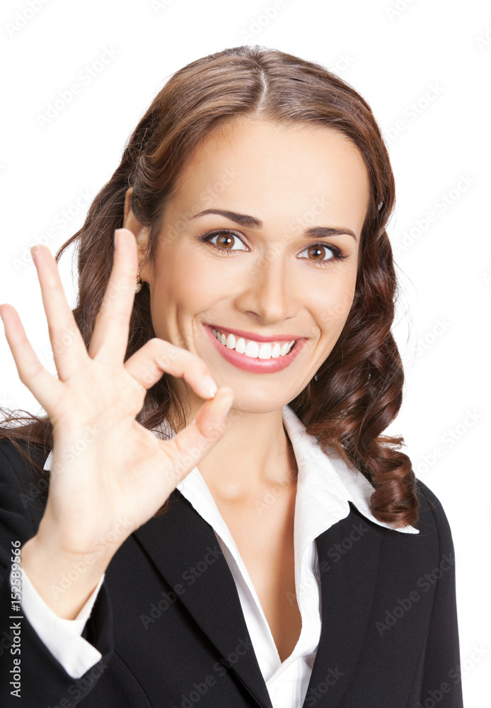 Business woman with okay gesture, on white Business woman with okay gesture, on white
