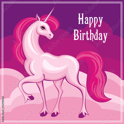 Happy birthday greeting card with the image of a beautiful fantastic unicorn. Colorful vector background.