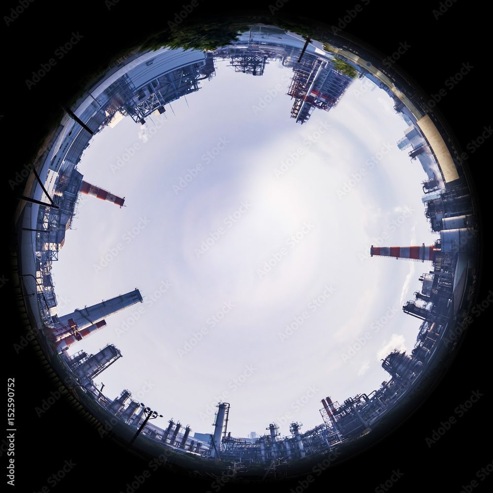 Circle panorama of modern factory skyline, such as if they were taken with a fish-eye lens