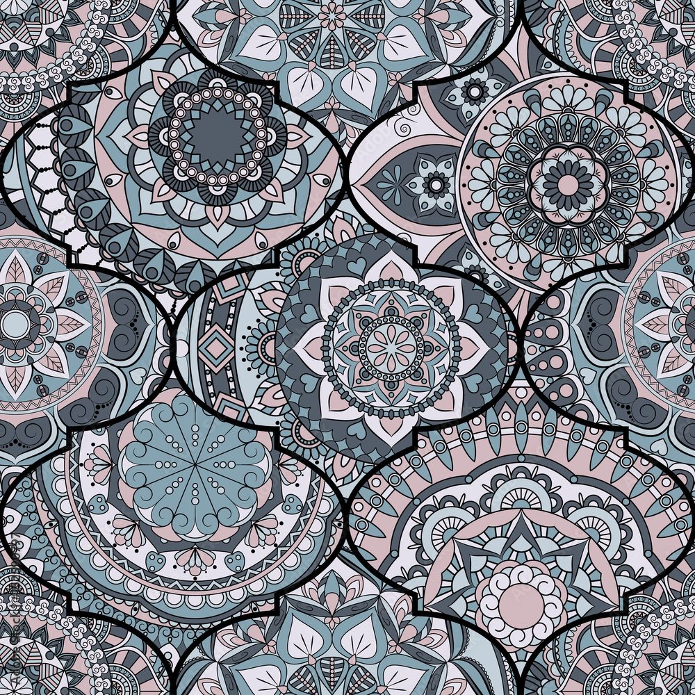 Colorful tiles boho seamless pattern. Mandala background. Abstract flower ornament. Floral wallpaper, furniture, textile print, hippie fabric. Romantic decoration from weave design elements.