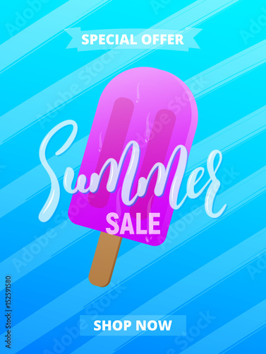 Summer sale card, advertisement, banner, poster etc. Background with lettering, trendy stripes and ice cream